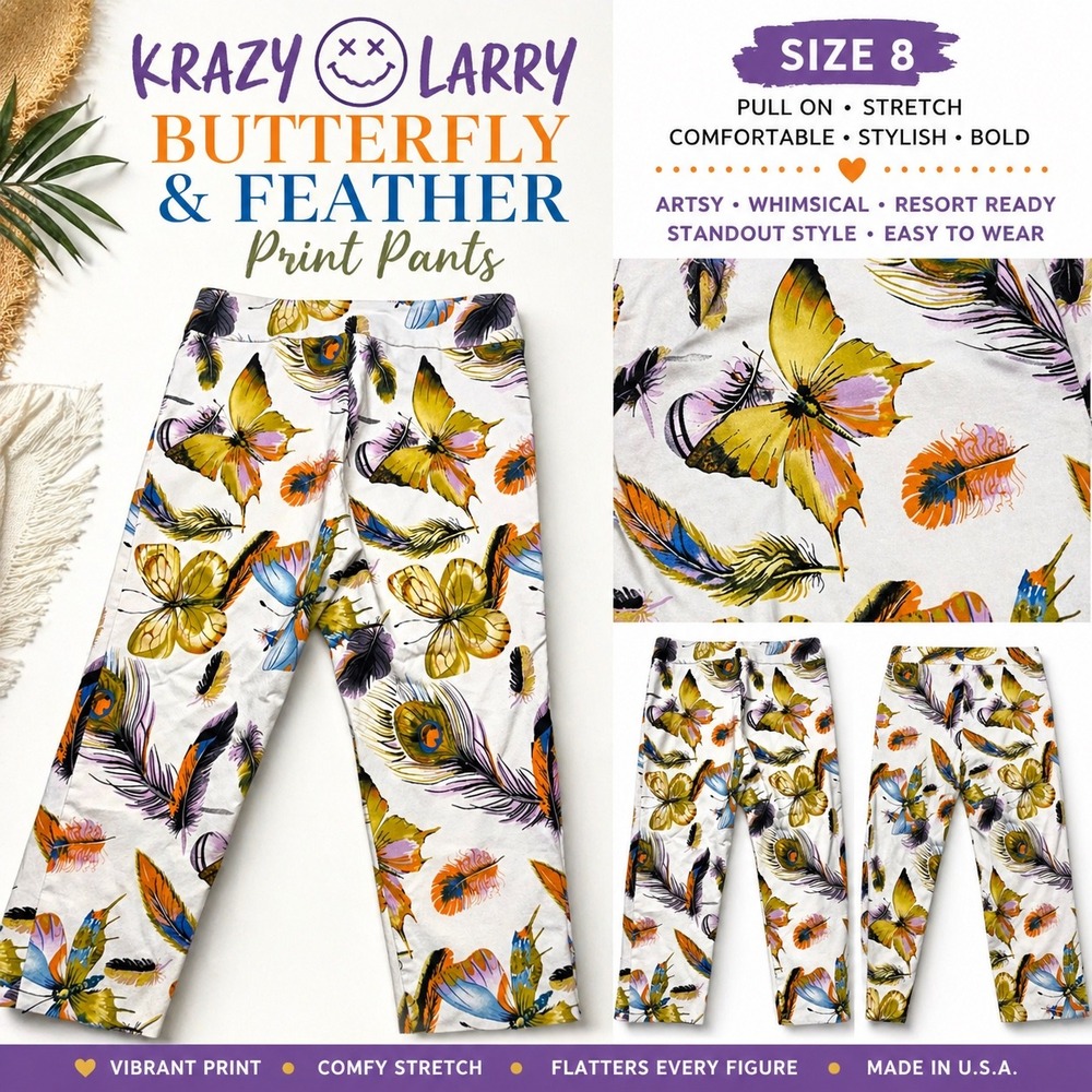 Krazy Larry Butterfly Feather Print Pants Sz 8 Stretch Pull On Cropped Resort